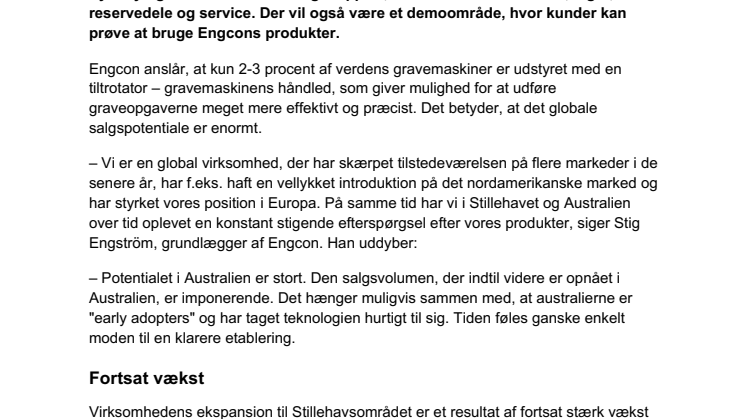 Engcon styrker tilstedeværelsen i Australien og etablerer kontor i Sydney