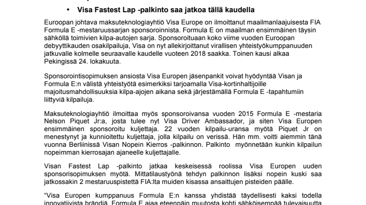 Visa Europe on FIA Formula E -sarjan virallinen yhteistyökumppani