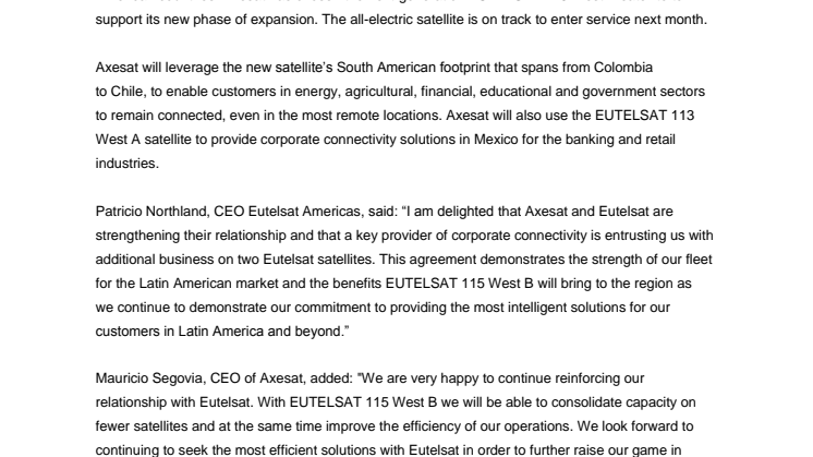 Axesat selects next-generation EUTELSAT 115 West B satellite to provide connectivity solutions in South America