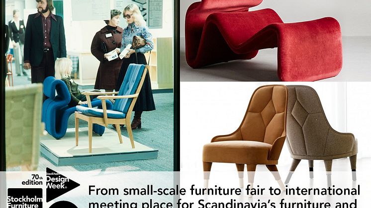 From left: Fair visitors at Stockholm Furniture & Light Fair in the 70s, armchair "Etcetera" from 1971, design by Jan Ekselius, contemporary armchair "Emma", produced by Gärsnäs, photo Lennart Durehed.