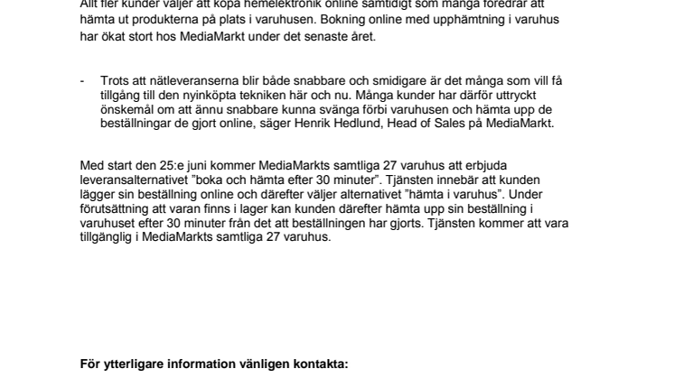 MediaMarkt lanserar ”boka online - hämta i varuhus efter 30 min”