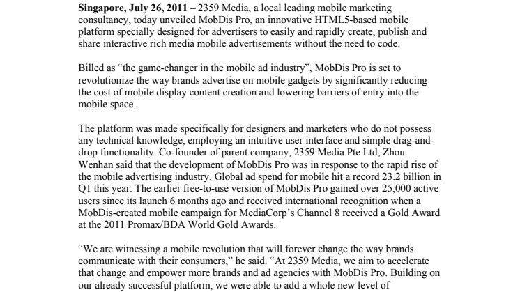 2359 Media Launches Innovative Mobile Ad Creation Platform