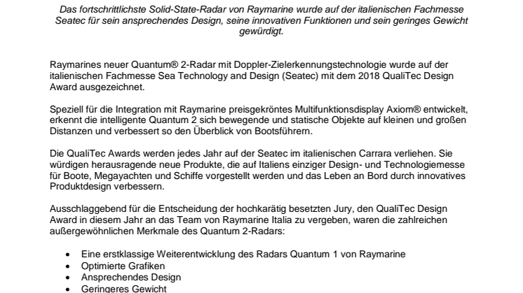 Raymarine: Quantum® 2 gewinnt QualiTec Design Award 2018 