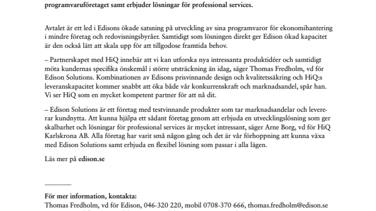 HiQ och Edison Solutions inleder utvecklingssamarbete