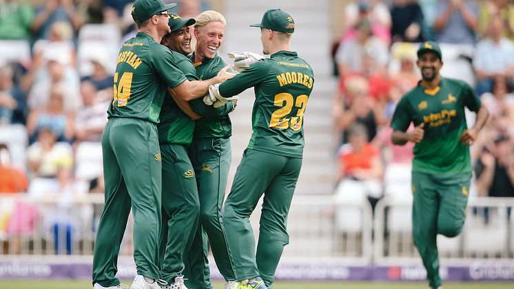 Current NatWest T20 Blast title holders Notts Outlaws celebrate a  wicket in last season's competition
