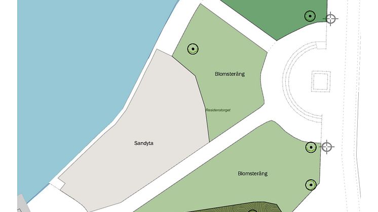 Enkel kartbild som visar ytor för plantering och sandstrand