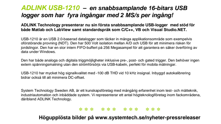 USB-1210  –  Snabbsamplande 16-bitars USB logger