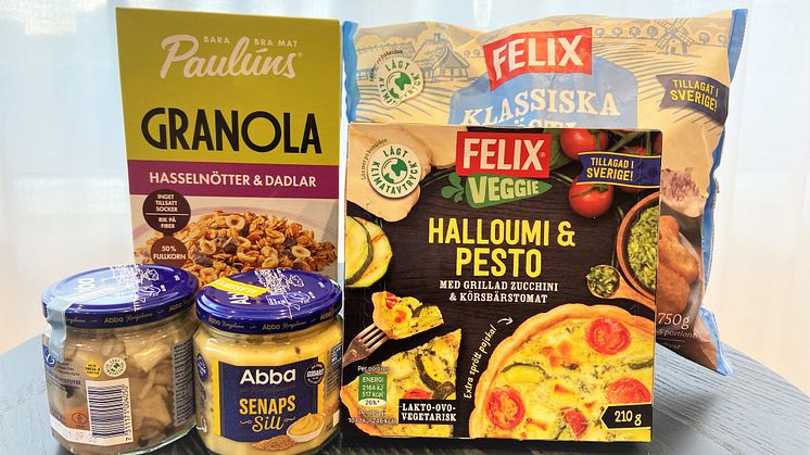 Paulúns granola, Abbas sill, Felix Rösti och vissa av Felix pajer är några av produkterna som fått den nya klimatmärkningen.