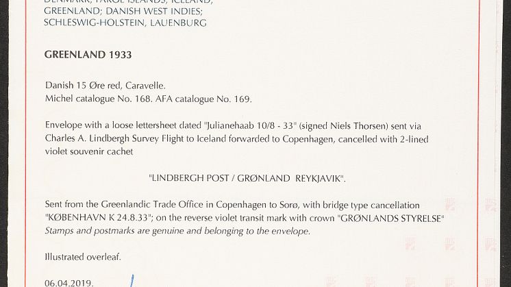 1933. CHARLES LINDBERGH FLYVNING. Kuvert frankeret med 2 stk. Karavel, 15 øre, rød og fuldt indhold dateret Julianehaab 10:8 1933..