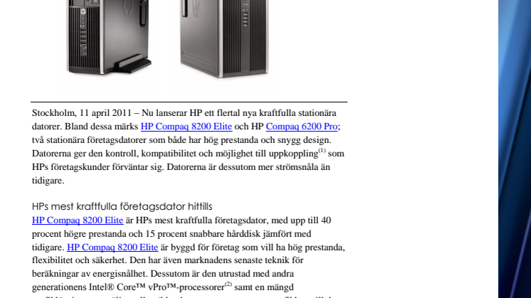 HP lanserar nya företagsdatorer. Nya stationära datorer – kraftfulla och strömsnåla