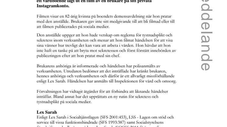 Instagramfilm på vårdboende anmäls enligt Lex Sarah