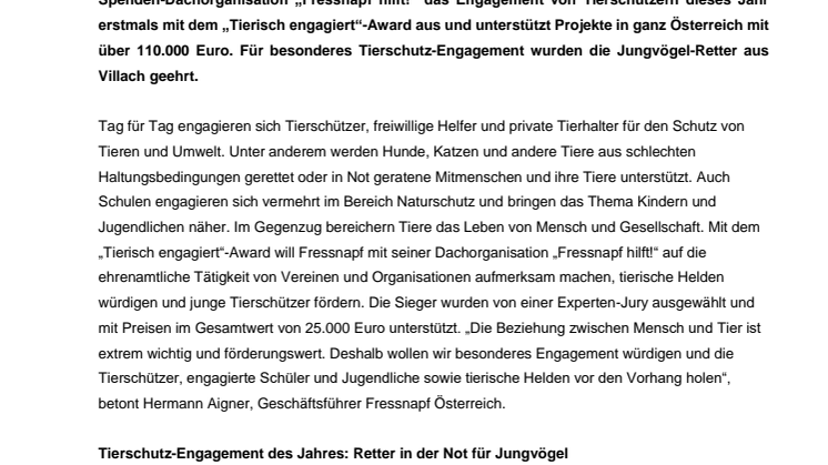 Jungvögel-Retter aus Villach mit dem „Tierisch engagiert“-Award ausgezeichnet