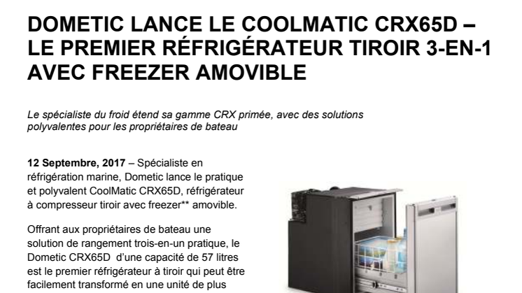 Dometic - Cannes: Dometic Lance Le CoolMatic CRX65D – Le Premier Réfrigérateur Tiroir 3-En-1 Avec Freezer Amovible