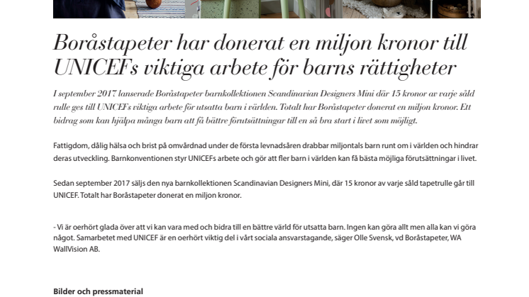 Boråstapeter har donerat en miljon kronor till UNICEFs viktiga arbete för barns rättigheter