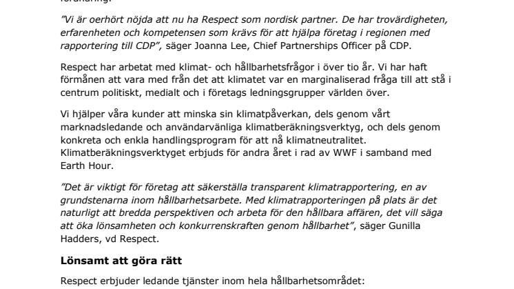 Respect utvalda som första nordiska partner till Carbon Disclosure Project