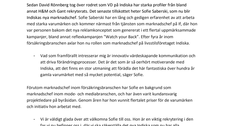Sofie Saberski ny marknadschef hos Indiska