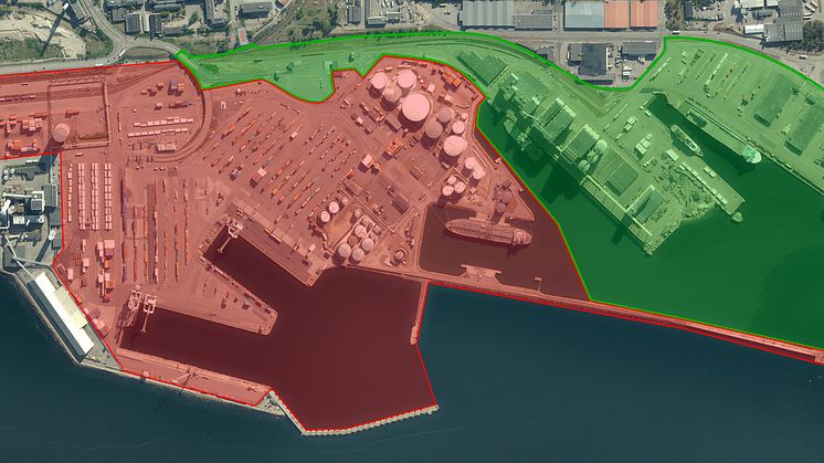 Västhamnens Containerterminal och Energihamn i röd markering är nu ett Civilt skyddsobjekt