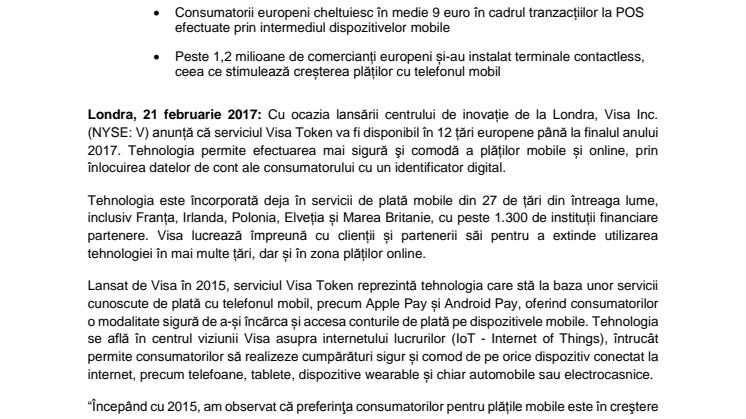 Serviciul de tokenizare Visa pentru plăți mobile se va extinde în 12 țări europene până la finalul anului 2017