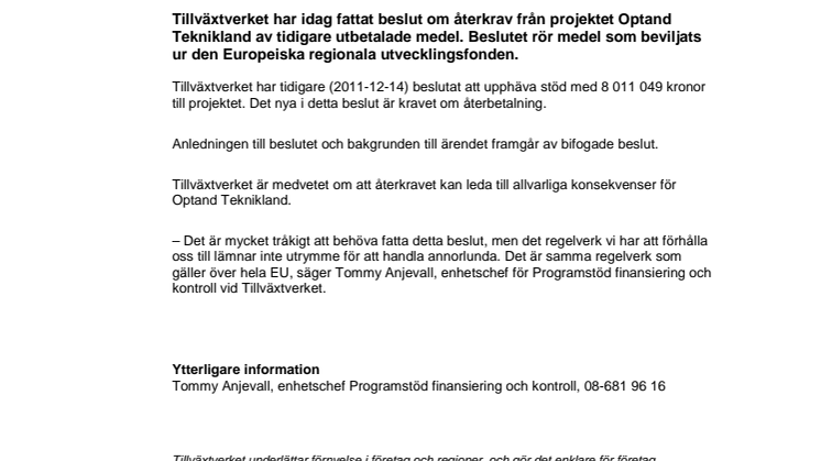 EU-stöd till Optand Teknikland krävs tillbaka