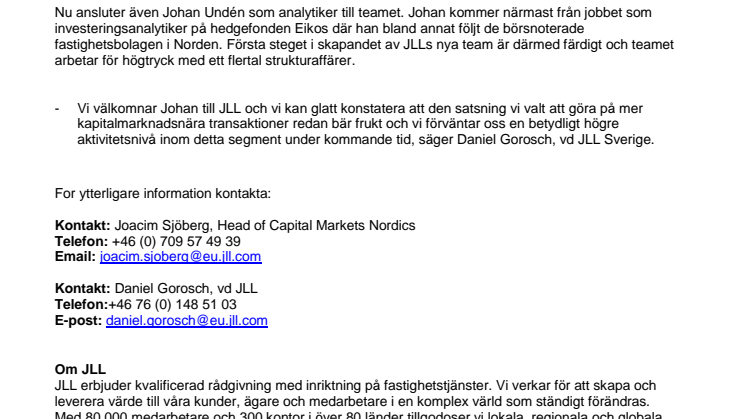 JLL fortsätter växa inom Capital Markets Nordics 