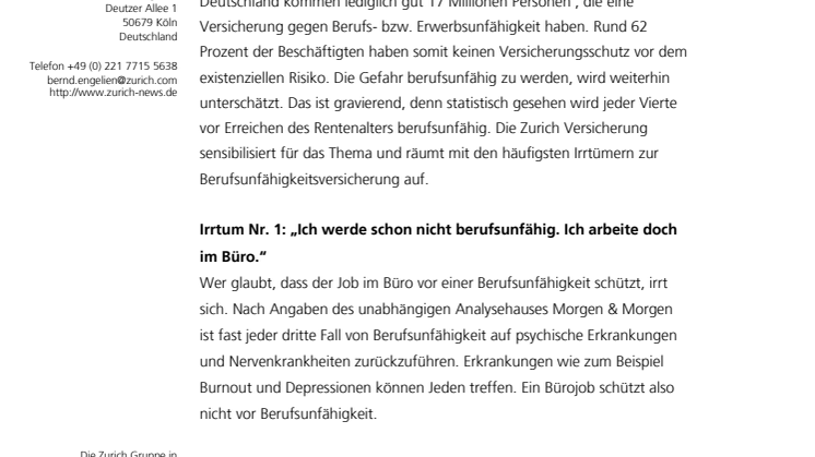 Irrtümer zur Berufsunfähigkeitsversicherung - Zurich klärt auf  