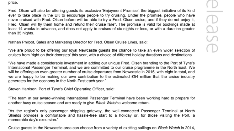 Fred. Olsen Cruise Lines’ Black Watch to sail from Newcastle again in 2014 