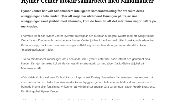 Hymer Center utökar samarbetet med Mindmancer