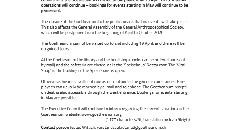 Coronavirus: Goetheanum closed for guests but operations continue (Following the decisions of the Swiss Federal Council)