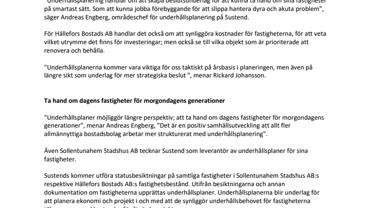 Hällefors Bostads AB och Sollentunahem Stadshus AB väljer Sustend för underhållsplaner