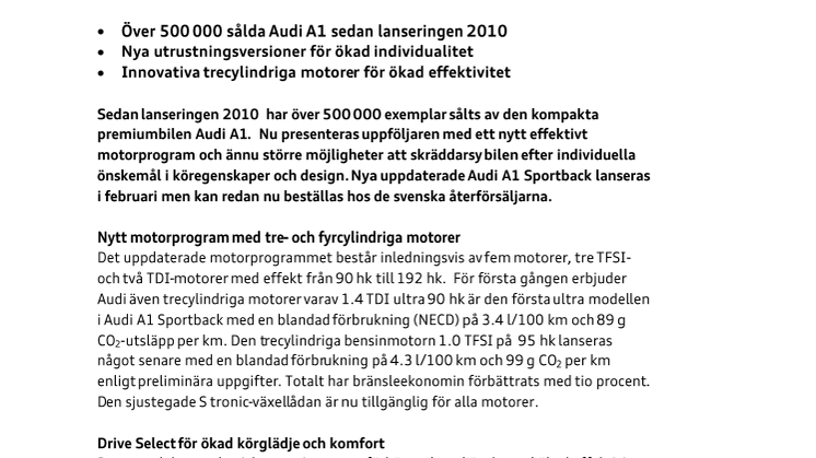 Förnyade Audi A1 och S1 Sportback med effektivare motorer och sportigare attityd