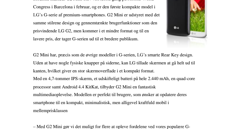 LG G2 MINI LANCERES I DANMARK – FØRSTE MOBIL MED DEN NYE SKÆRMLÅSFUNKTION KNOCK CODE