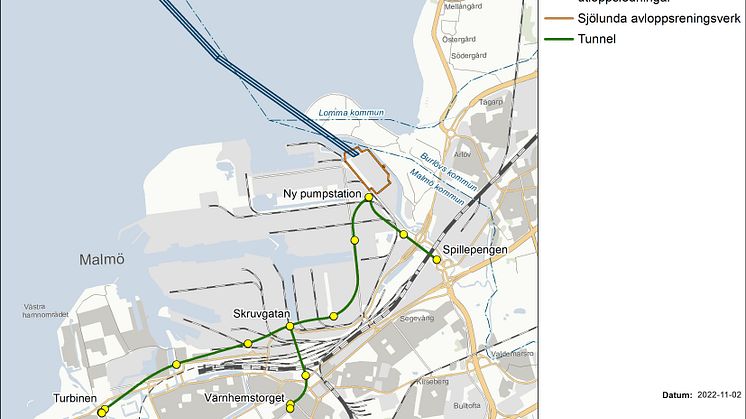 Översikt över anläggningsdelar som ingår i tillståndsansökan för Hållbar avloppsrening i ett växande Skåne. 