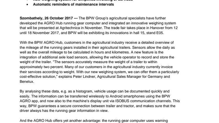 BPW AGRO Hub now available with weighing system