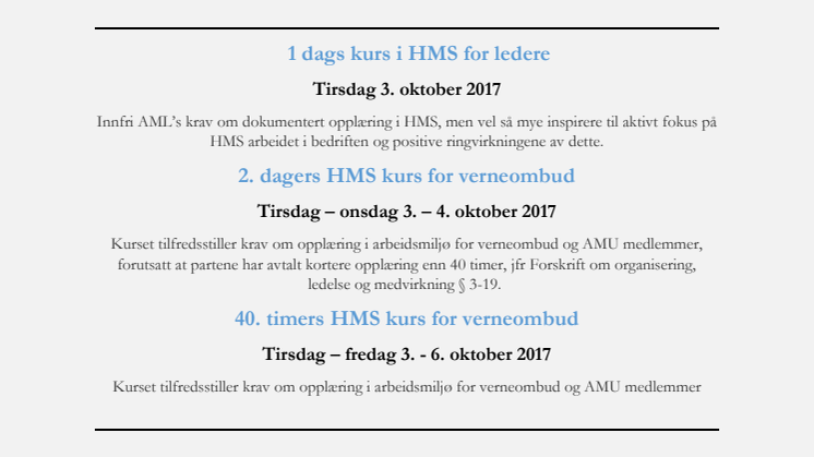 Invitasjon til HMS kurs i Bergen uke 40