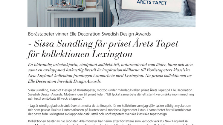 ​Boråstapeter vinner Elle Decoration Swedish Design Awards   - Sissa Sundling får priset Årets Tapet för kollektionen Lexington