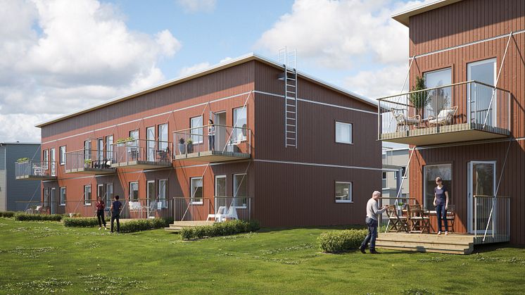 Illustration av gårdssida med balkonger/altaner samt gemensamma gräsytor, lägenheter i BoKlok Biodlaren, Göta.