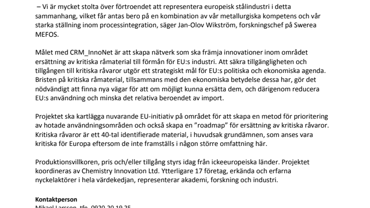 Swerea MEFOS representerar europeisk stålindustri