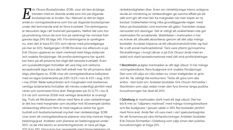 Erik Olsson Fastighetsförmedling kommenterar bostadsmarknaden 18 feb 2020