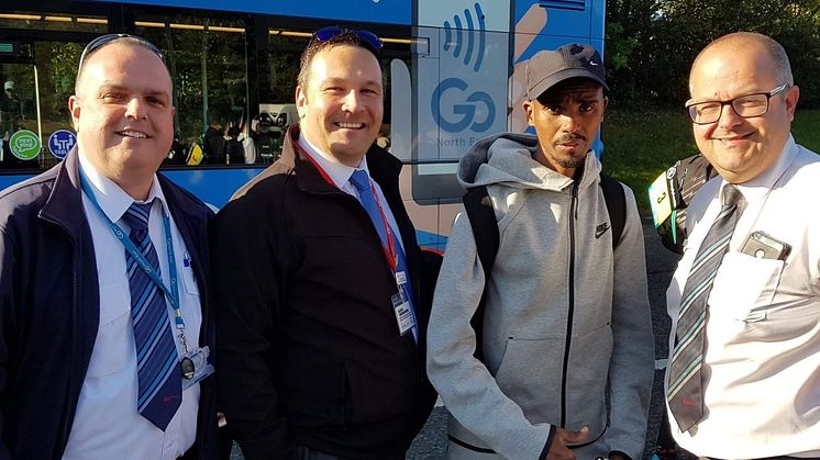Team GNE members with a focussed Sir Mo Farah ahead of the Great North Run