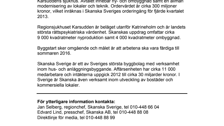 Skanska moderniserar Karsuddens sjukhus för cirka 300 miljoner kronor