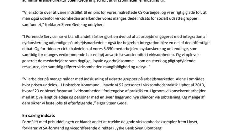 Forenede Service er indstillet til CSR People Prize 2014