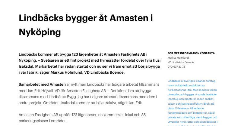 Lindbäcks bygger åt Amasten i Nyköping
