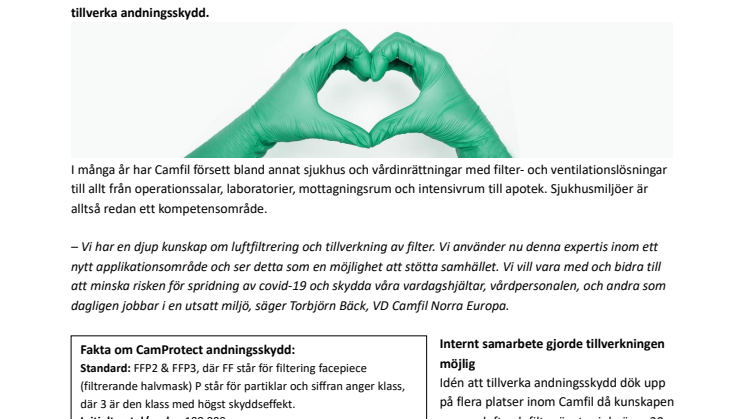 Camfil startar tillverkning av CamProtect, säkra andningsskydd producerade i Sverige