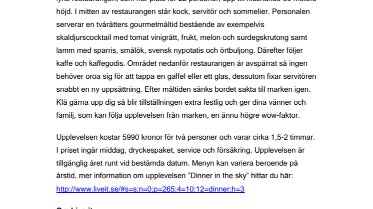 "Dinner in the sky" - gourmetmiddag på 50 meters höjd!