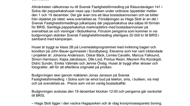 Haga Slott säljs nu som pepparkakshus