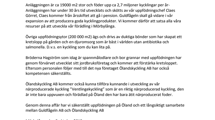 Guldfågeln säljer sin kycklinguppfödning