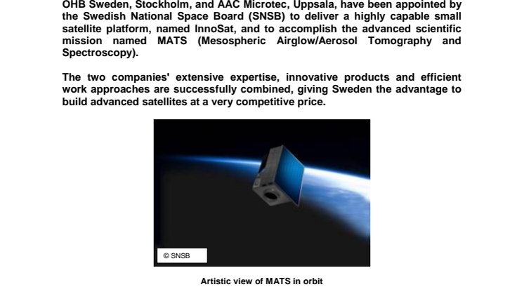 OHB Sweden and ÅAC Microtec to develop the InnoSat platform and implement its first mission named MATS