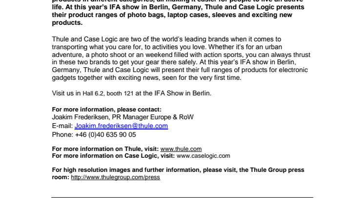 Thule and Case Logic presents their ranges of cases and bags for electronic devices at the IFA show in Berlin, Germany, September 5 - 10, 2014