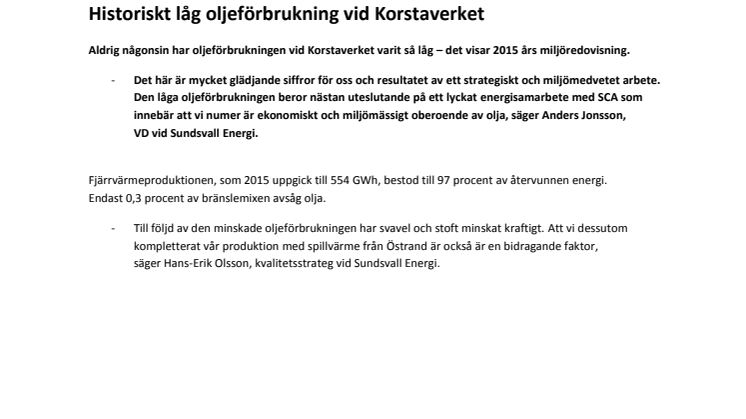 Historiskt låg oljeförbrukning vid Korstaverket
