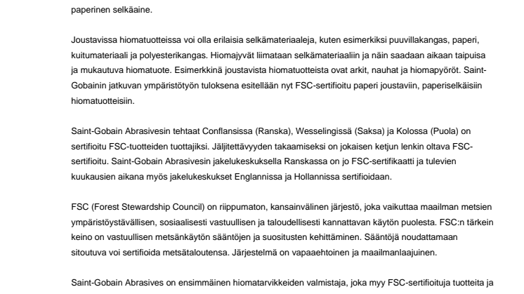 Saint-Gobain Abrasives ottaa käyttöön FSC-sertifioidun paperin joustavissa hiomatuotteissa